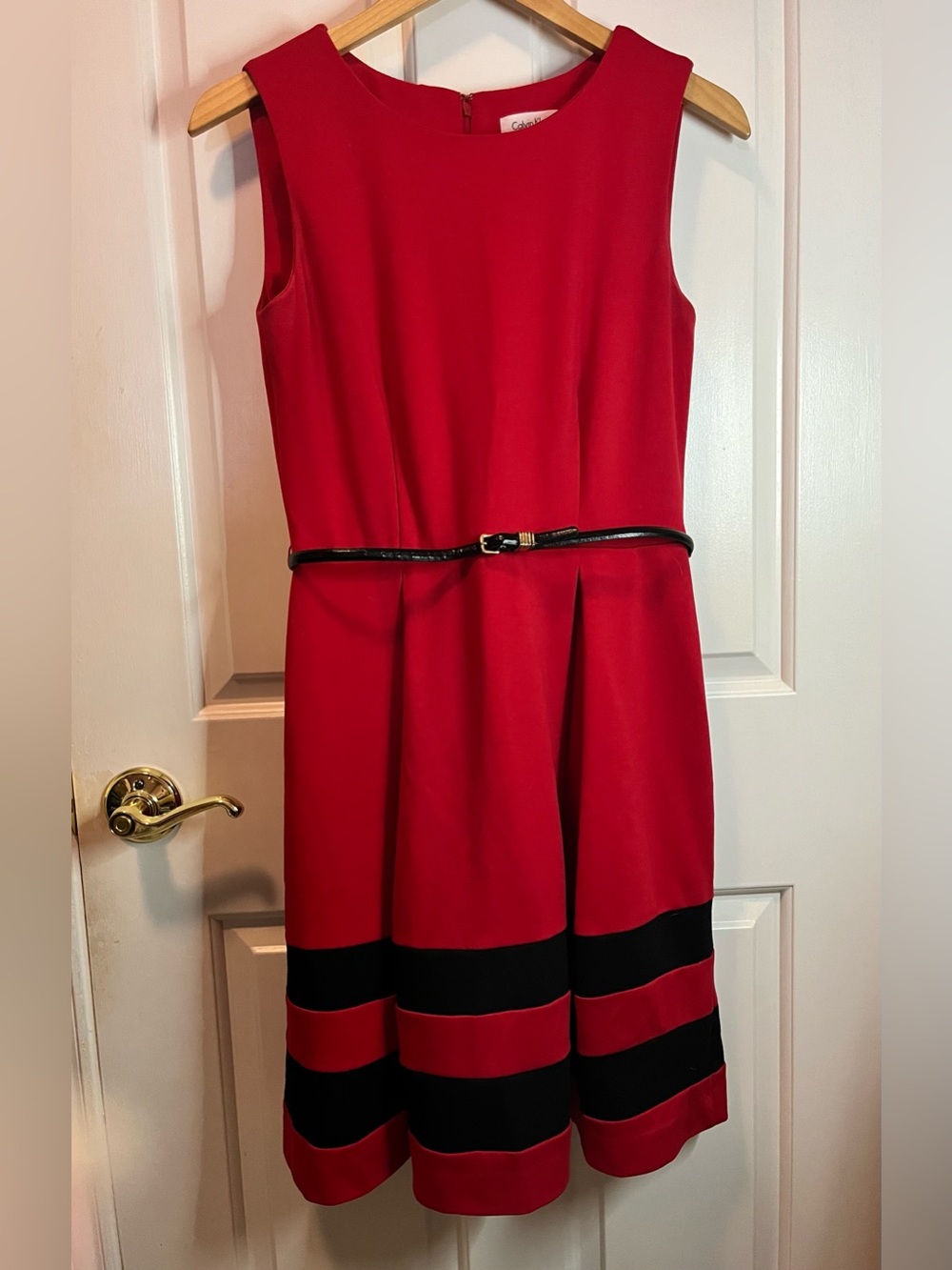Calvin Klein Red Sleeveless Midi Fit & Flare Dress with Black Stripe Hem Sz 4